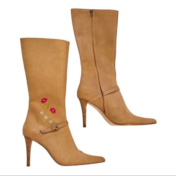 Gunmetal NWOT Western Knee Hi Boots Embroidered Flowers Leather 10B - Picture 1 of 8